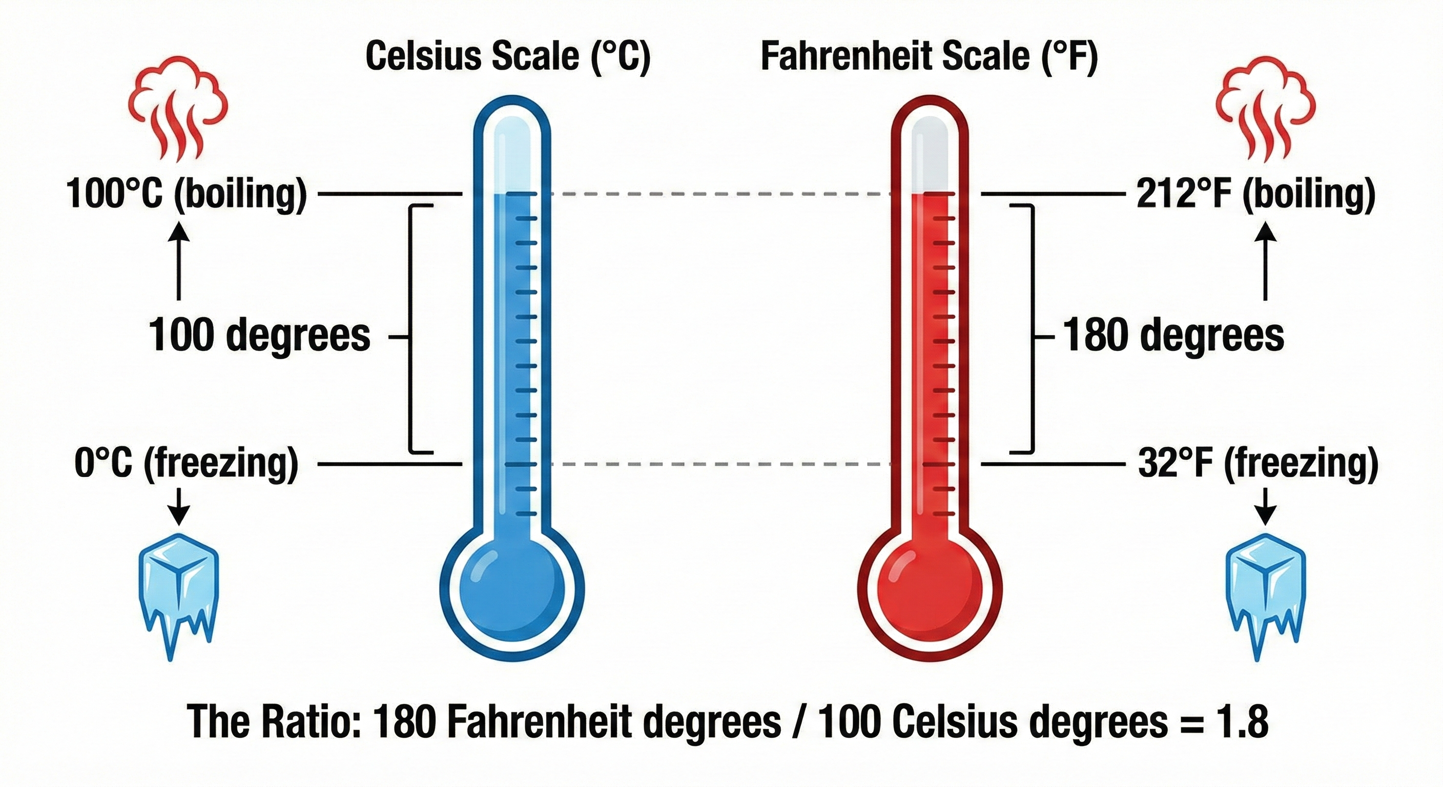 Diagram comparing Celsius and Fahrenheit thermometers side by side